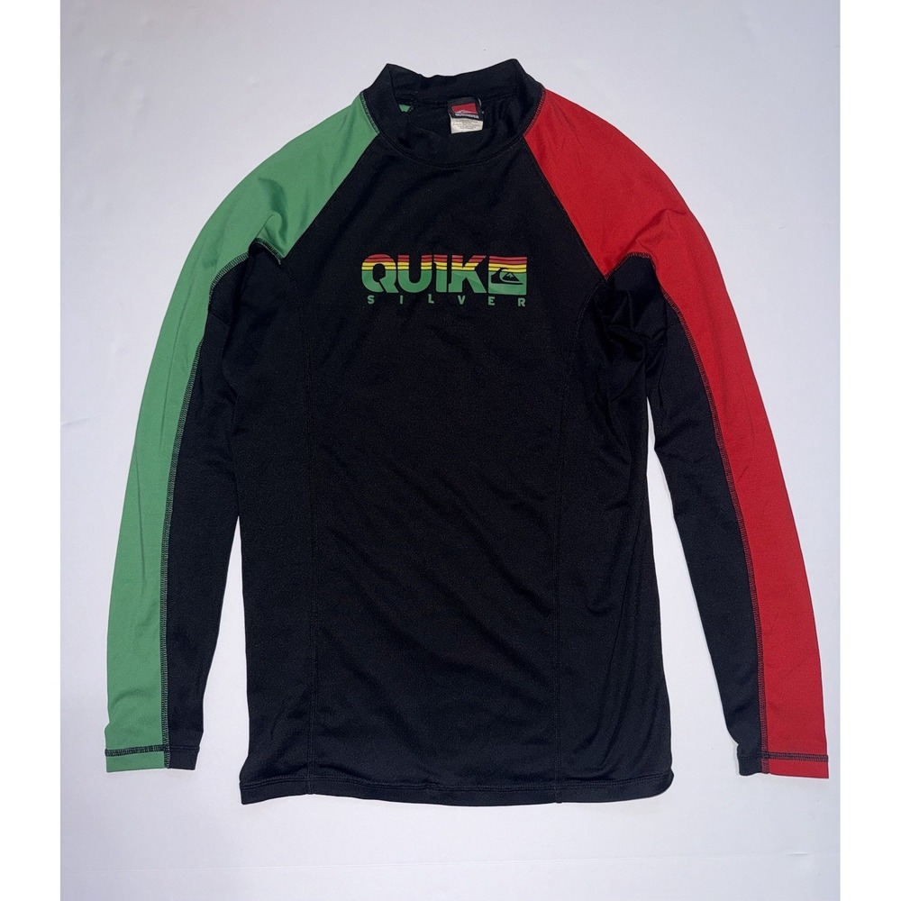 VTG Y2k Quiksilver Rash Guard Long Sleeve Shirt Mens Rasta Surf Swim Logo M/L